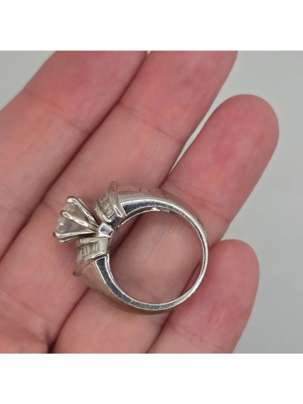 Vintage Silver-Tone Cocktail Ring Large Clear Center Stone Baguette Accents Size